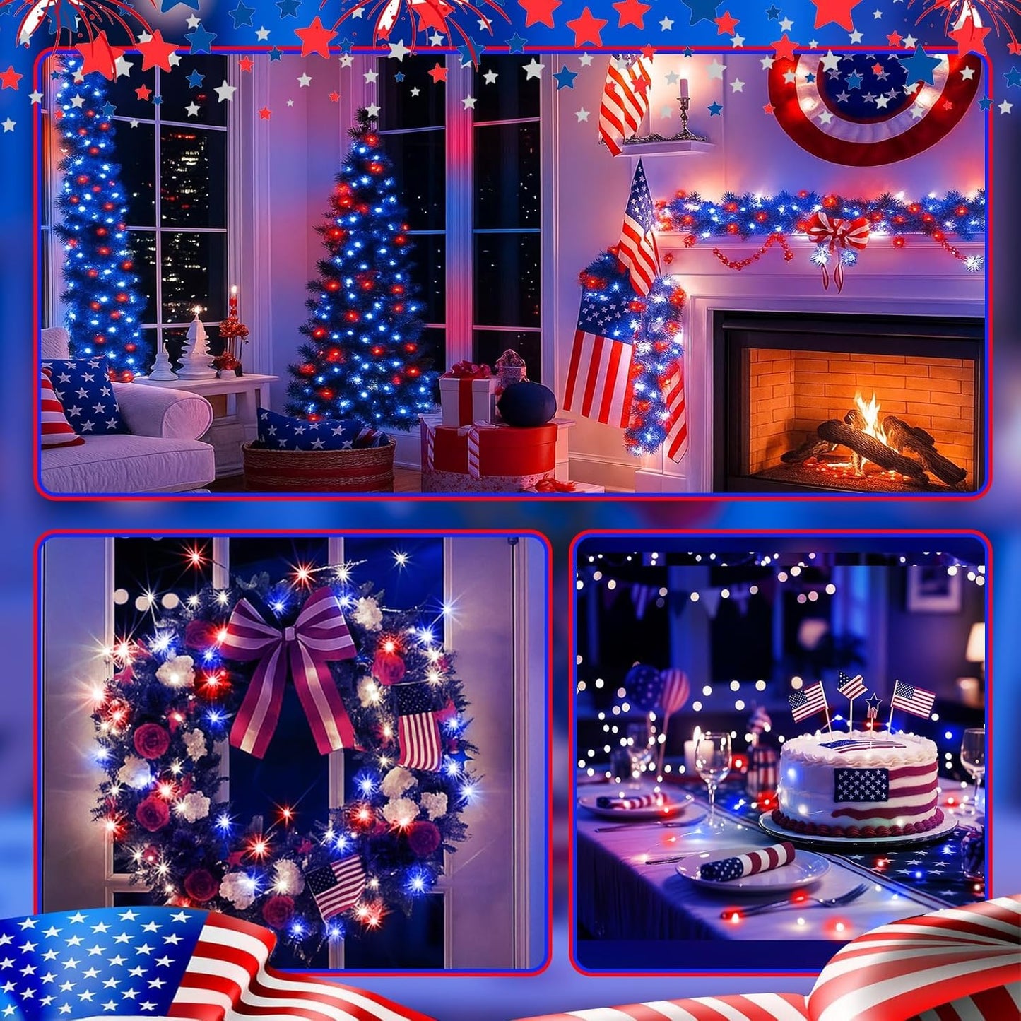 4th of July Decorations - 6 Pack Red White Blue Fairy Lights Battery Operated, 7ft 20 Led Twinkle Lights 3 Modes, Waterproof Bulk Mini String Light for Independence Day Patriotic Decorations