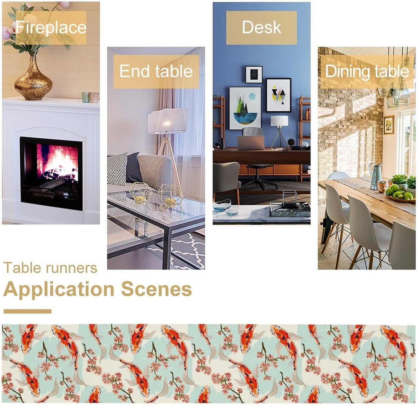 Japanese Kio Fish Table Runner Cherry Flower Art Printed Burlap Runner Home Kitchen Dining Table Living Room Decor Fabric 1 Panel W13xL120in