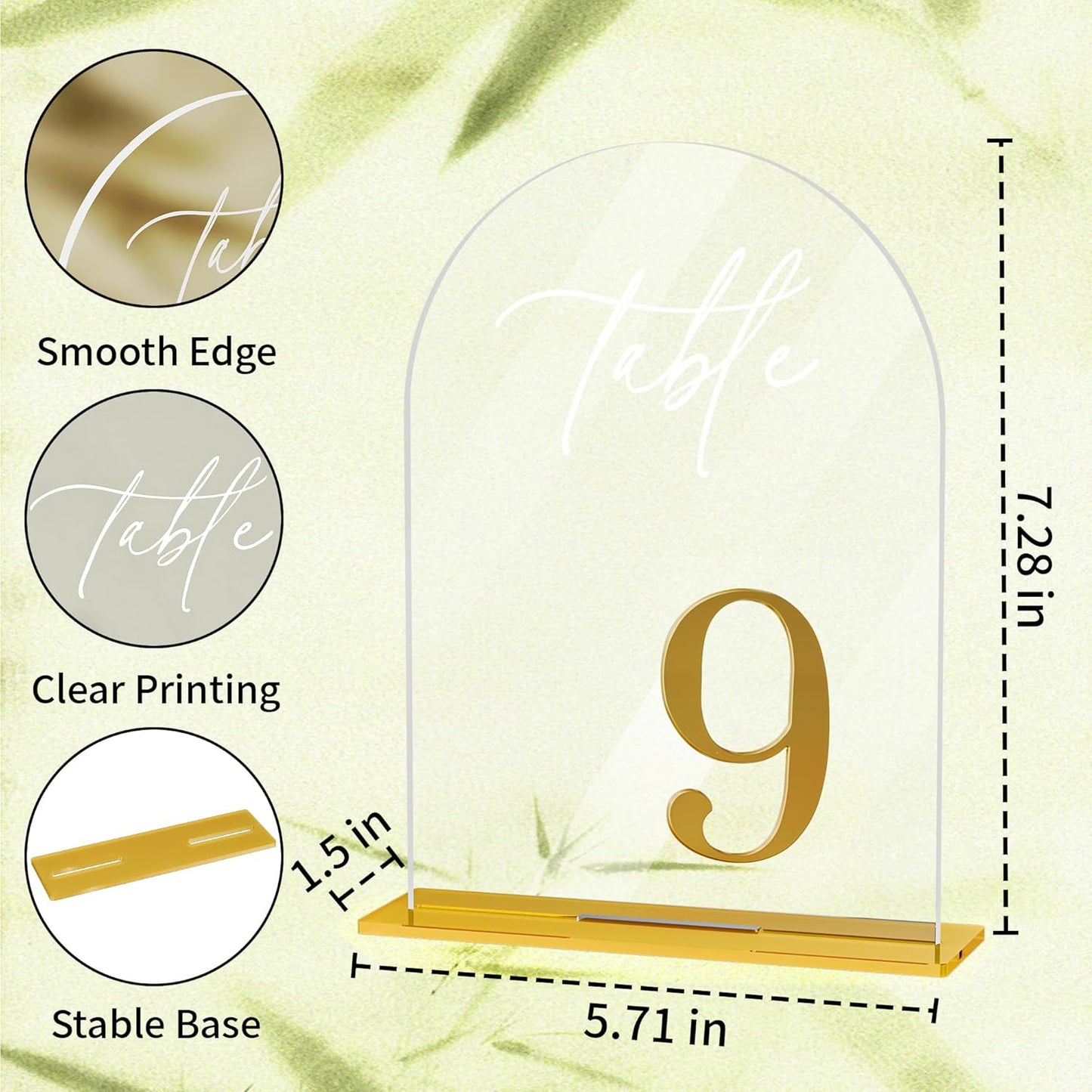 Arch Wedding Table Numbers 1-15 with Stands, Elegant Gold Number 5.5 x 7” Arch Acrylic Signs with Holder, Clear Acrylic Table Numbers for Wedding Reception, Anniversary, Party, Events