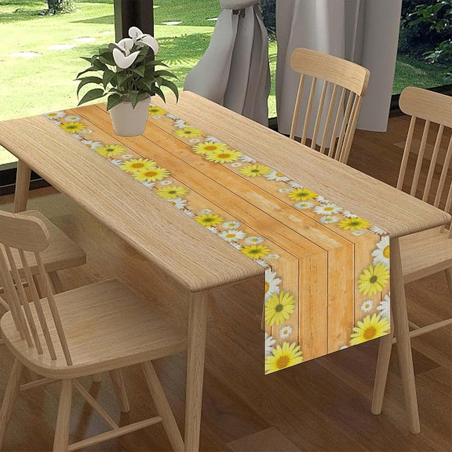 Farmhouse Floral Table Runner, Spring Seasonal Yellow Daisy Sunflower Retro Wooden Country Table Center Decor for Home Kitchen Dining Patio Holiday Party Table Decorations, 13"x90" Inch