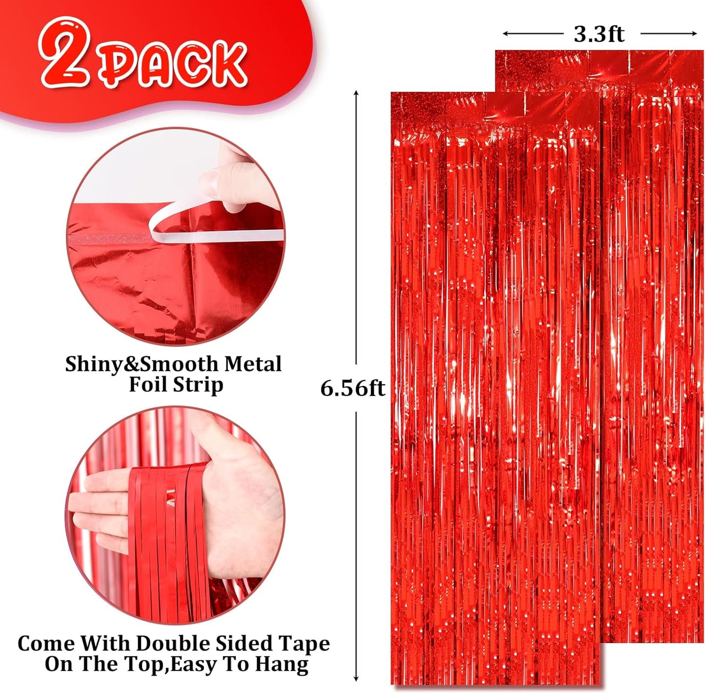 2 Pack Red Tinsel Foil Fringe Curtains, Red Party Decorations, Metallic Tinsel Party Streamers Backdrop for Birthday Casino Christmas Graduation Carnival Valentine's Party Decorations