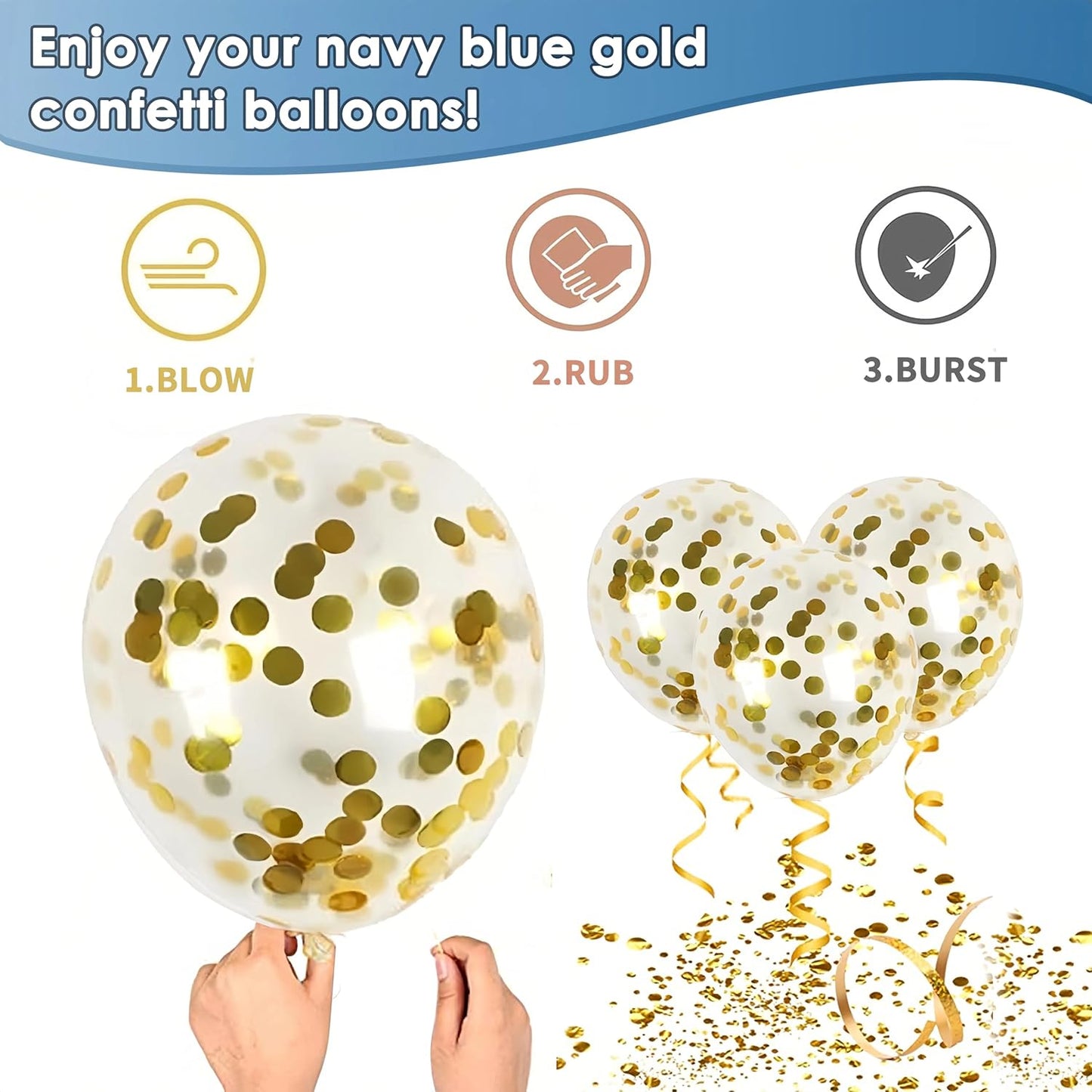 Navy Blue and Gold Confetti Balloons, 50pcs 12 Inch Metallic Blue Latex Confetti Balloons Matte White Latex Balloons with 33 Feet String for Birthday Wedding Gender Revea Decorations