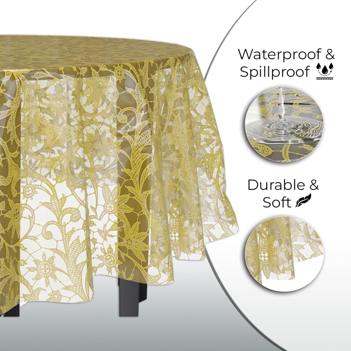 Exquisite Lace Table Cloth Round Table Plastic 12-Pack Lace Tablecloth Round 84" | Clear & Gold Floral Tablecloth Disposable | Wild Flower Party Decorations & Party Supplies