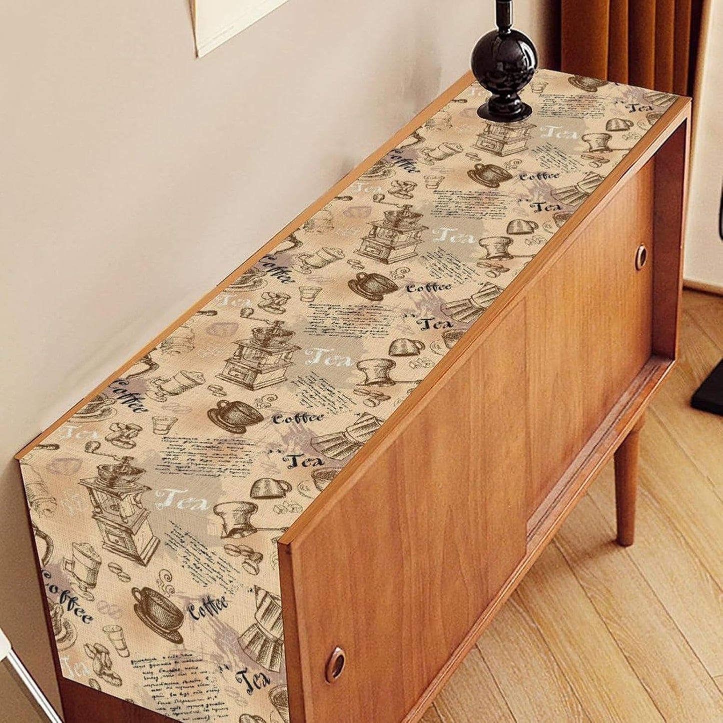 Coffee Theme Table Runner, Rustic Farmhouse Coffee Cup Tea Party Cafe Table Center Decor for Home Kitchen Dining Patio Holiday Party Indoor Outdoor Table Decorations,13"x72" Inch