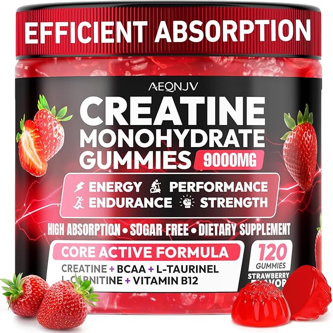 Creatine Gummies Monohydrate Complex 9000MG, Chewable Creatine Monohydrate Gummies for Men & Women with L-Taurine, BCAA 2:1, B12/6, Building Muscle Strength and Boost Focus, 30 Days Supply