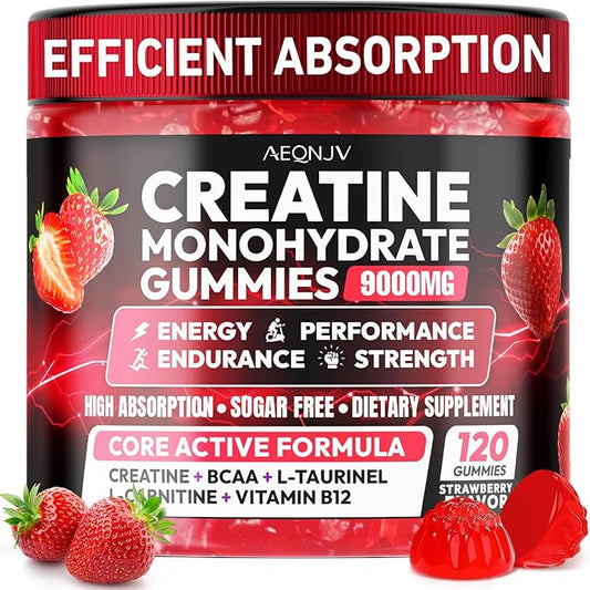 Creatine Gummies Monohydrate Complex 9000MG, Chewable Creatine Monohydrate Gummies for Men & Women with L-Taurine, BCAA 2:1, B12/6, Building Muscle Strength and Boost Focus, 30 Days Supply