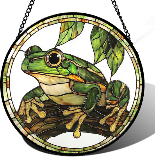 Stained Glass Window Hanging, Frog Green Leaf Sun Catchers Colorful Glass Panel Cool Suncatcher Decor for Birthday for Women, Men, Wife, Aunt, and Mom 14.9x14.9 in