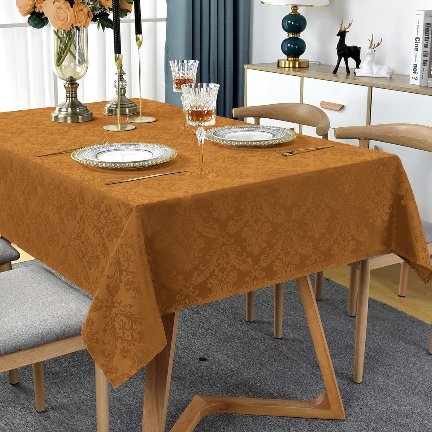 Rectangle Table Cloth - 60 x 84 Inch Brown Jacquard Tablecloths Damask Design Spillproof Wrinkle Resistant Shrinkproof Soft Tablecloth Polyester Oblong Table Cover for Kitchen Dinning Party Tabletop