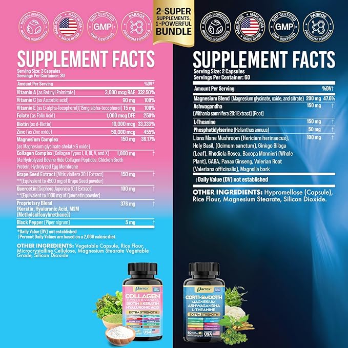 Shining Serenity Set, Cortisol Support with Ashwagandha, L-Theanine, Magnesium, Lions Mane, GABA, Bacopa Monnieri, Collagen I, II, III, V, X, Folate, Biotin, Keratin, Hyaluronic Acid (2 Pack)