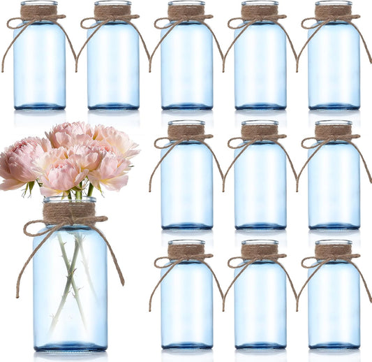 Blue Glass Flower Vases for Centerpieces Set of 12, Mason Jars Boho Cylinder Bud Vases in Bulk, for Weddings Parties Vintage Home Decor