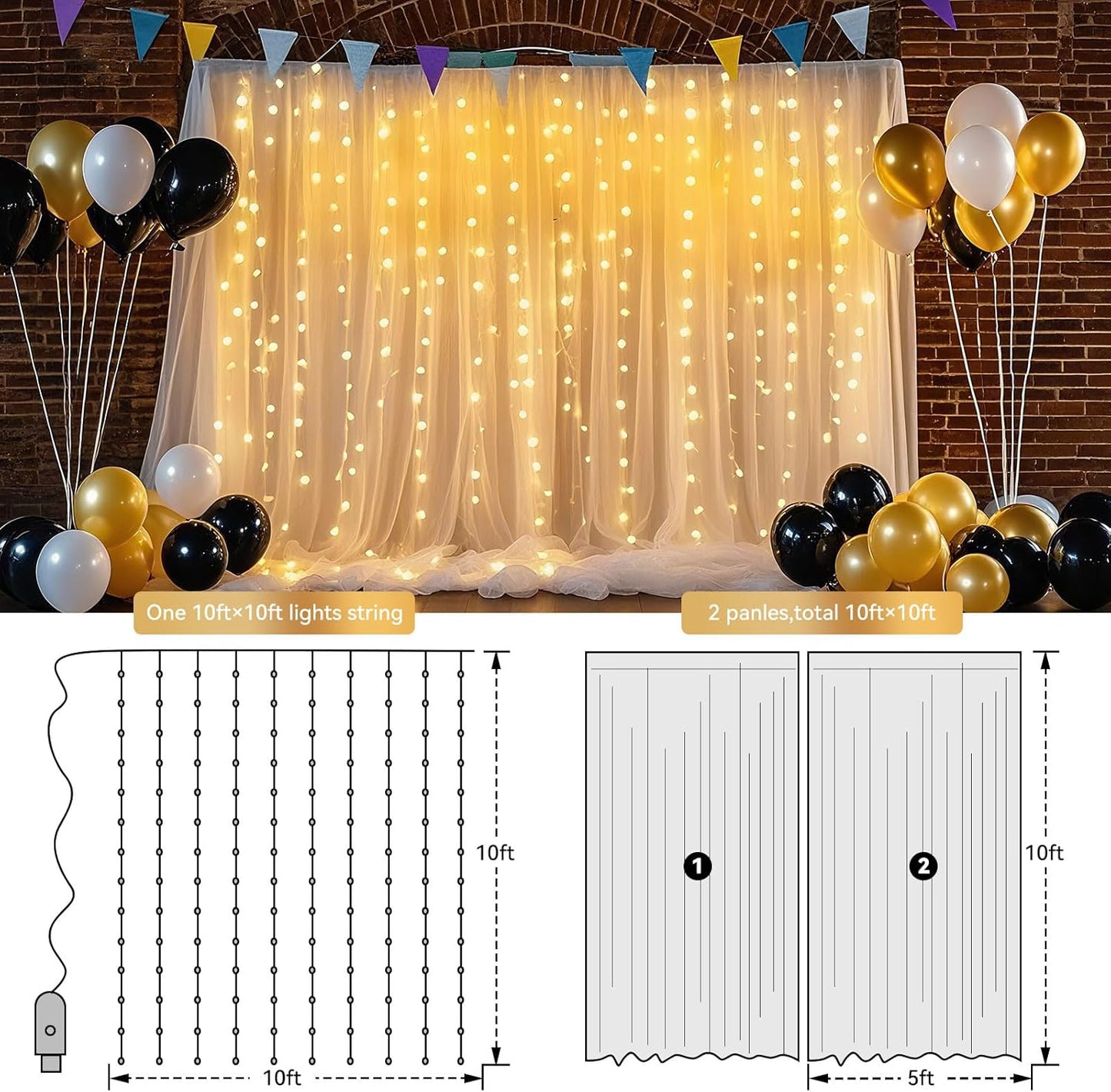 Ledido 10×8ft Tulle Backdrop Curtains with Lights String - 300LED Fairy Lights Sheer Curtain Backdrop for Weddings Baby Shower and Birthday Party Decorations(6 Panels 5×8ft)