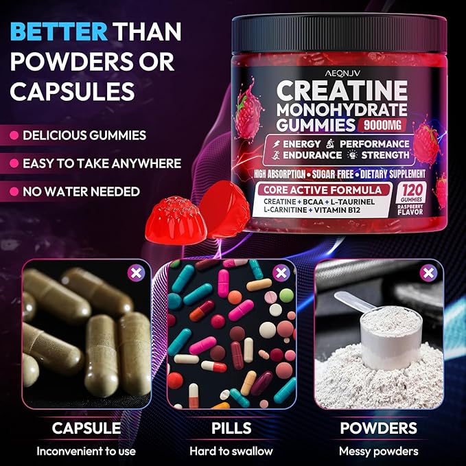 Creatine Gummies Monohydrate Complex 9000MG, Pre-Workout Supplement for Men & Women, Creatine Supplement with L-Taurine, BCAA 2:1, B12/6 for Muscle Support, Enhance Strength, Energy Boost-120 Count