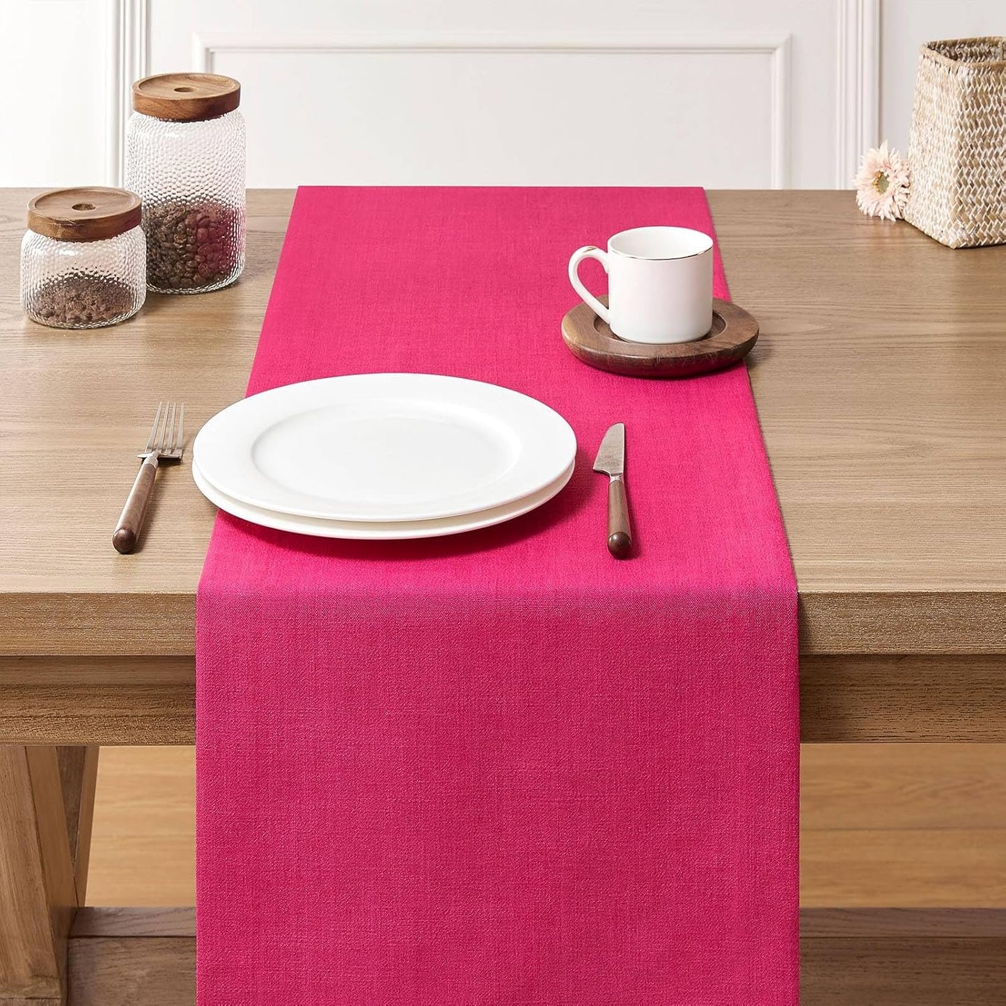 ZeeMart Linen Textured Border Table Runner, 14 x 60 Inch Hot Pink, Farmhouse Style Pink Table Runners 60 Inches Long, Easy Care Everyday Polyester Table Runner