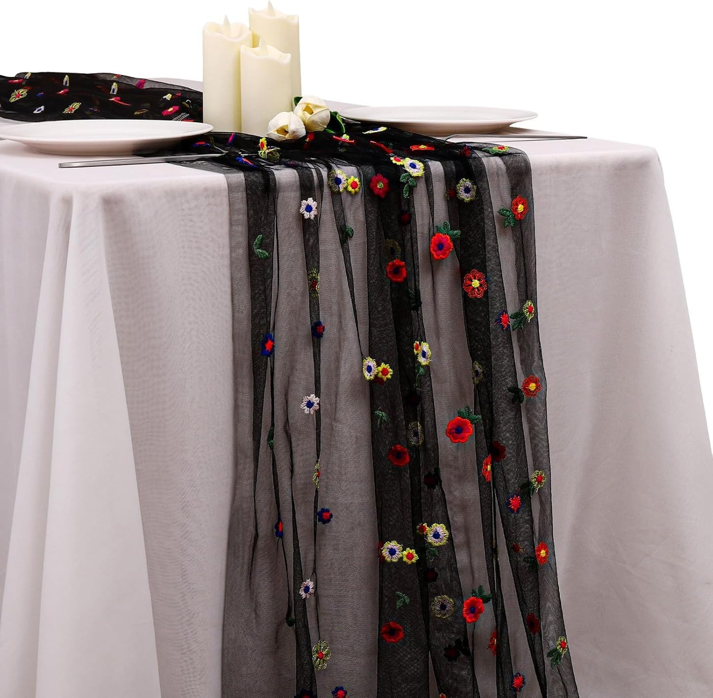 BINBE 1pcs Black Daisy Fall Table Runner Embroidery Gauze 10FT Florals Seasonal Tulle Holiday Birthday Kitchen Dining Table Decor for Home Party