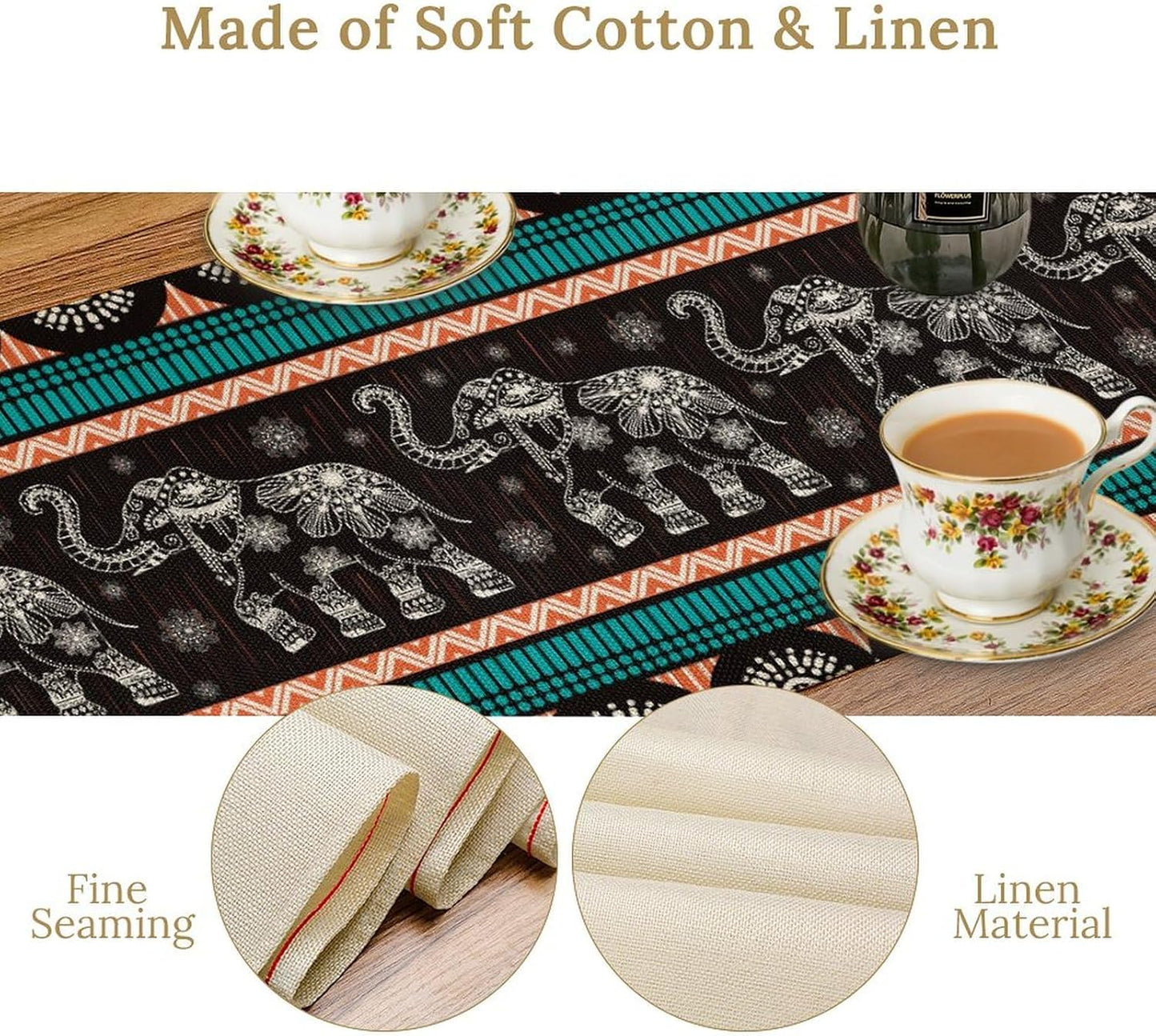 Boho Elephant Table Runner, Vintage Tribal Traditional Bohemian African Animals Ethnic Folk Table Center Decor for Home Kitchen Dining Patio Holiday Party Indoor Table Decorations, 13"x36" Inch