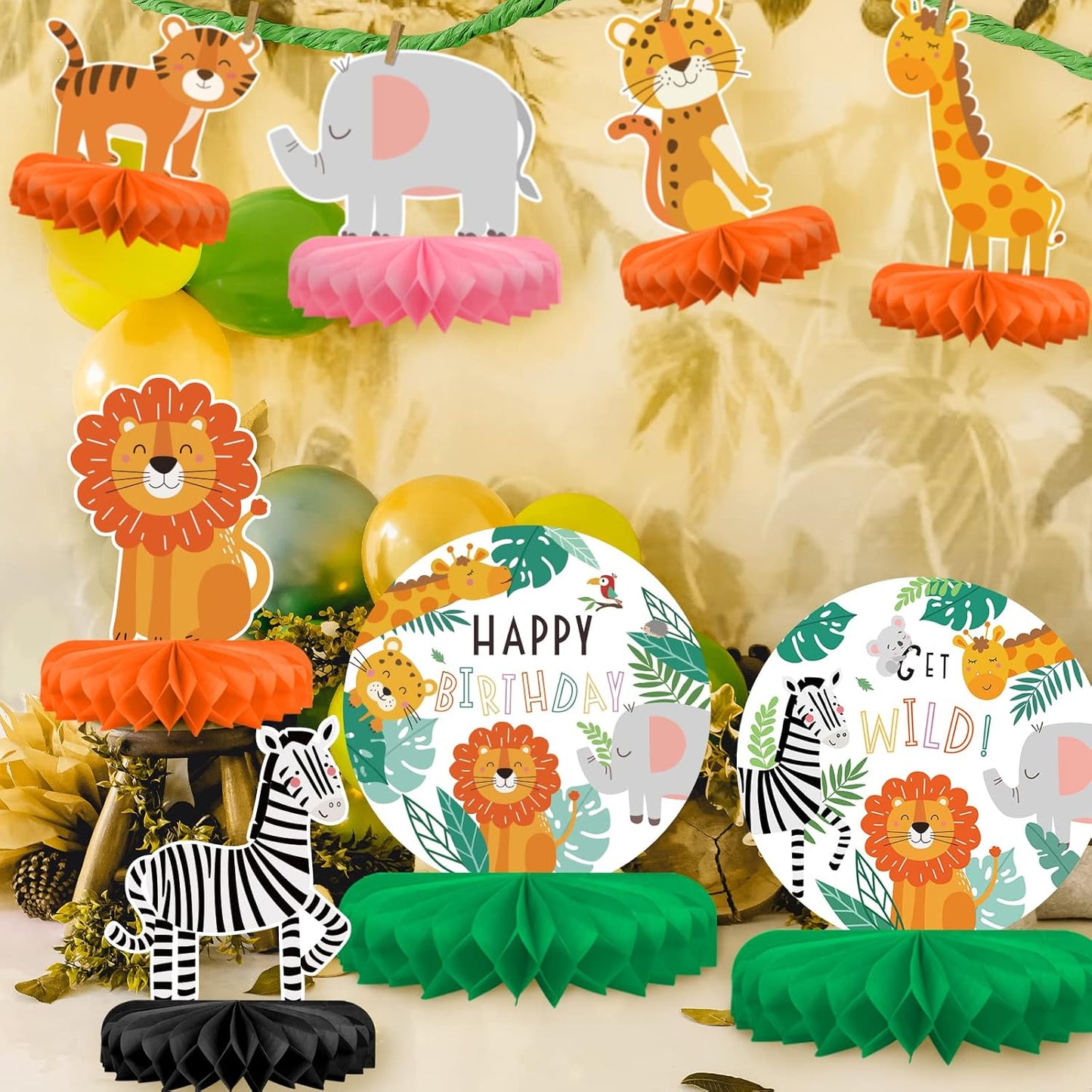 Safari Birthday Decorations Table Centerpiece - Jungle Animals Theme Party Supplies, Honeycomb Table Toppers for Animal Jungle Theme Party Decorations