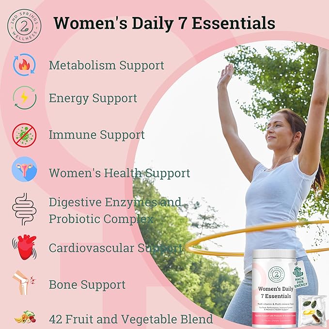 Daily 7 Essentials Women's Vitamin Pack -7 Pack Complete Women's Multivitamin Packet with Energy, Metabolism, Immune System, Female Health Support with Probiotics, More