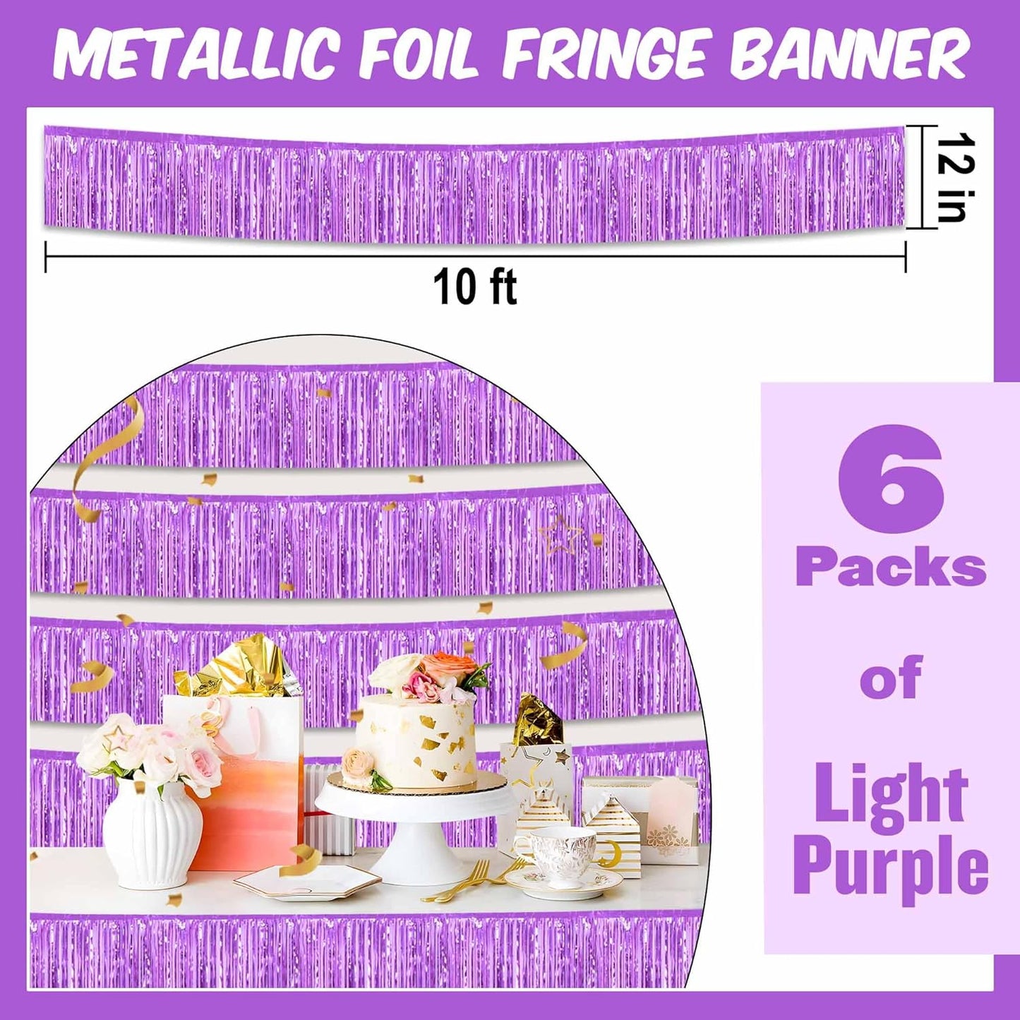 6 Pack 10 Ft Light Purple Foil Fringe Garland Metallic Streamers Tinsel Banner Wall Hanging Garland Backdrop for Parade Floats, Halloween, Christmas, Thanksgiving, New Year Party Decorations