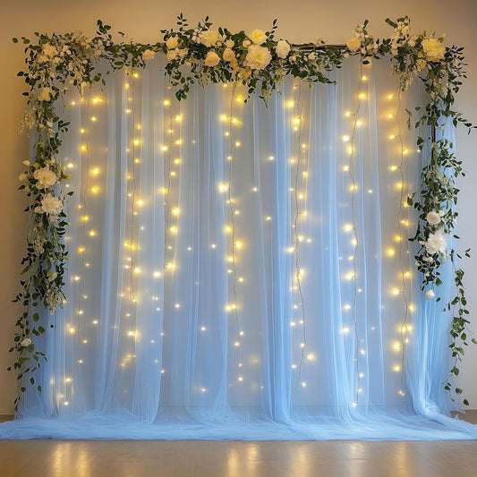 Tulle Backdrop Curtain with Lights String 10FT X 8FT Baby Blue Sheer Tulle Backdrop Curtains for Wedding Birthday Party Reception Photo Booth Background Decorations (2 Panels 5x8FT)