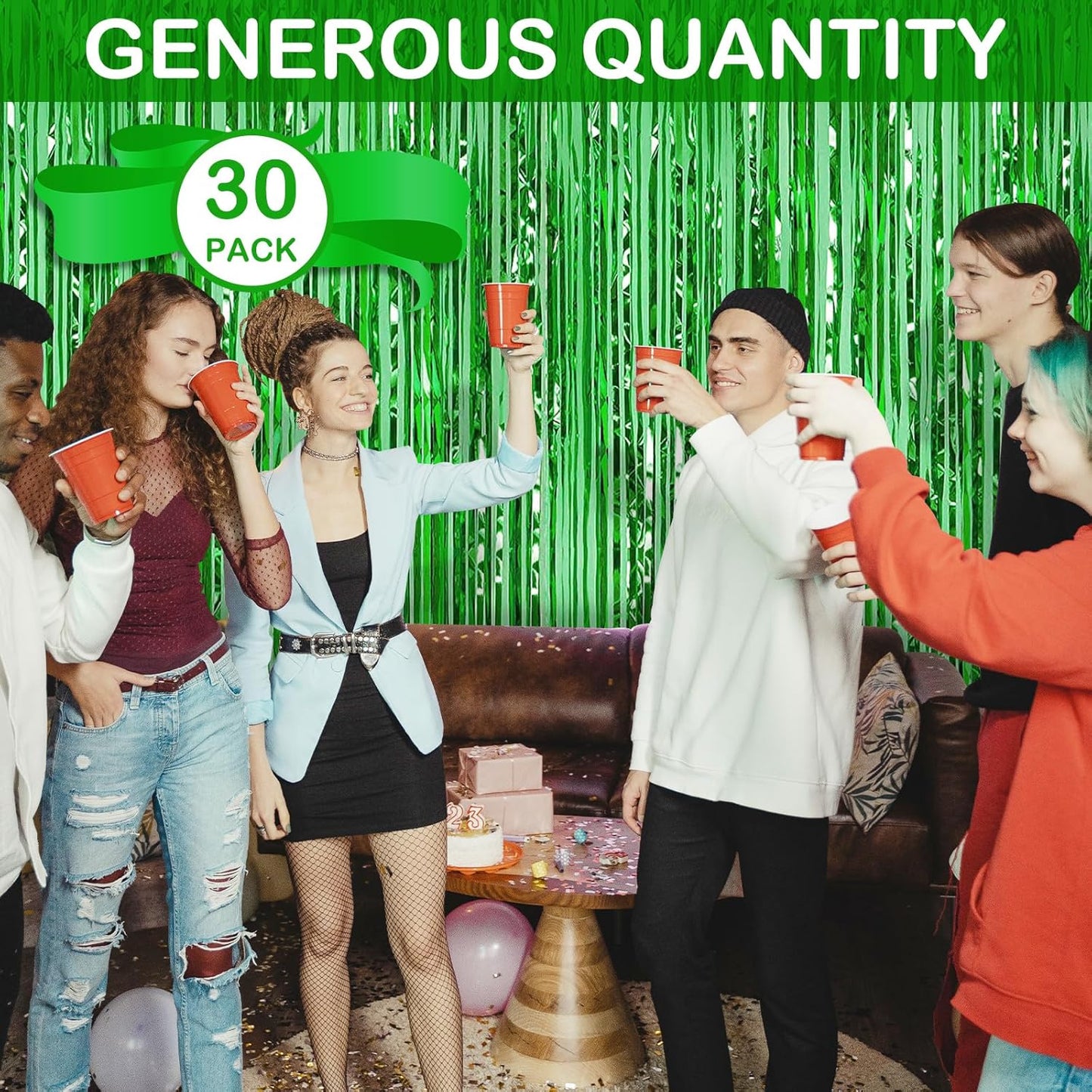 30 Pack Green Foil Fringe Curtain Backdrop, 3.3x8.2 Feet Metallic Tinsel Streamer Curtains Photo Booth Props for Birthday/Wedding/Bachelorette/Baby Shower/Christmas/New Year/Disco Party Decorations