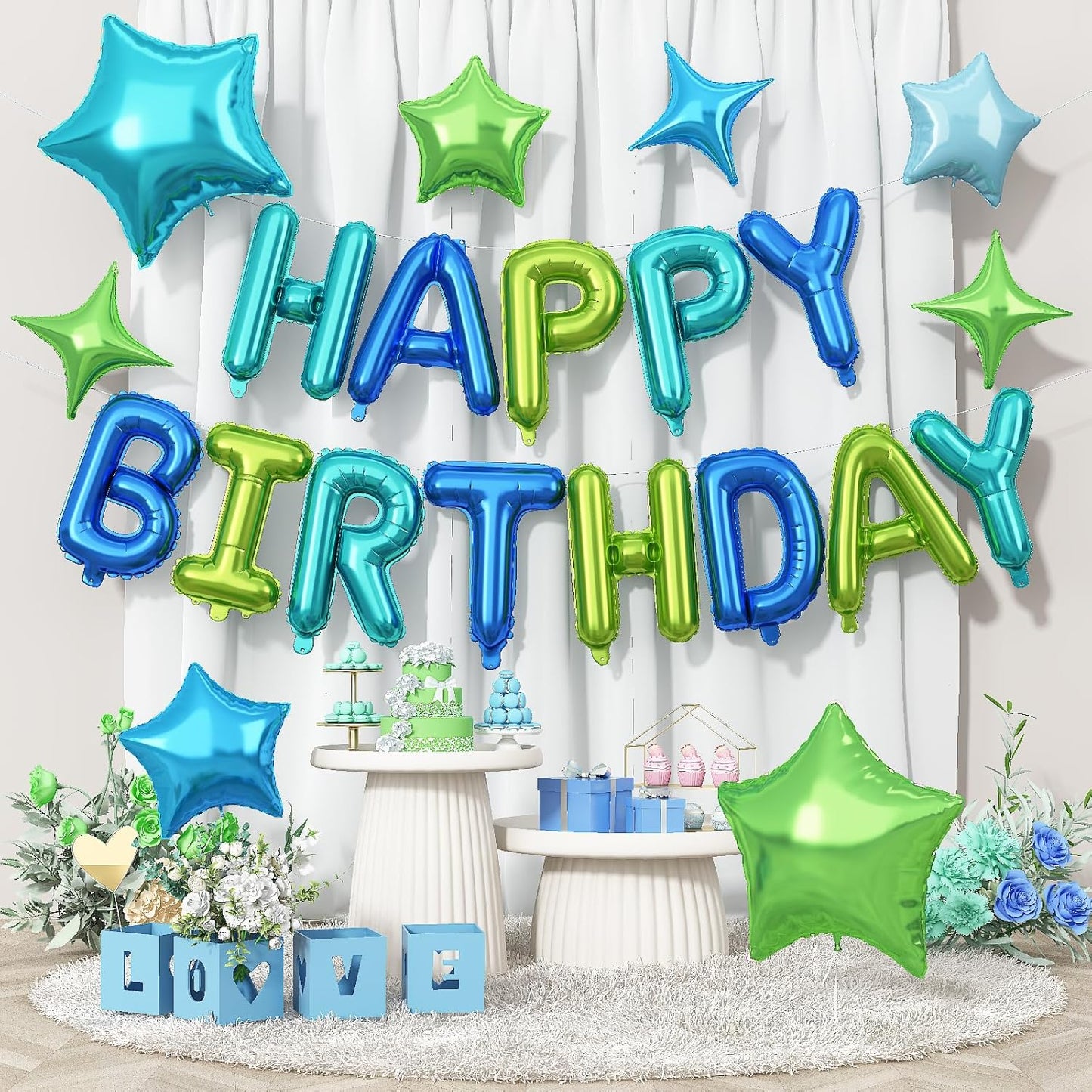 Happy Birthday Balloon Banner Blue Green, 16 Inch Mylar Foil Letter Balloons, Reusable Birthday Decorations with 8 Pcs Blue and Green Foil Balloons, Inflatable Party Supplies for Men Women Girls