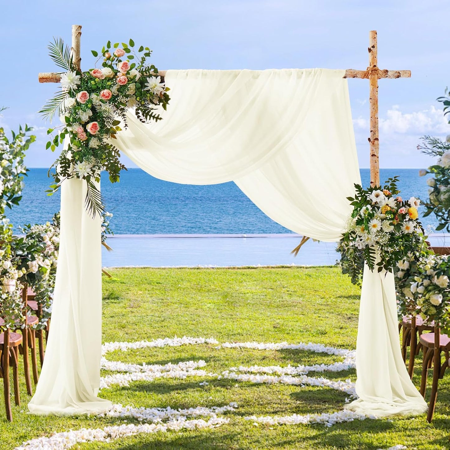 SiinvdaBZX 2 Panels Wedding Arch Draping Fabric 30" x 20Ft Ivory Sheer Chiffon Fabric Outdoor Extra Long Decorative Drapery Fabric for Party Ceremony Ceiling Curtain Backdrop