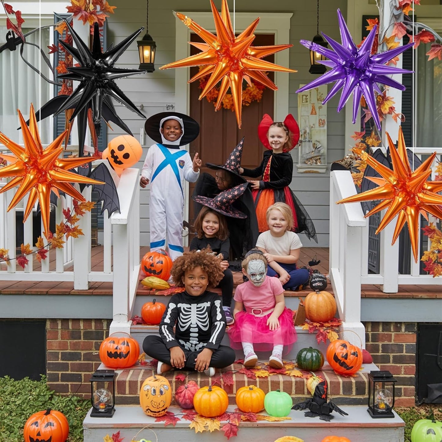 Black Purple Orange Star Balloons,9Pcs 22Inch Black Orange Purple Explosion Spike Cone Helium Polyester Film Star Foil Balloons for Halloween Birthday Baby Shower Party Decorations