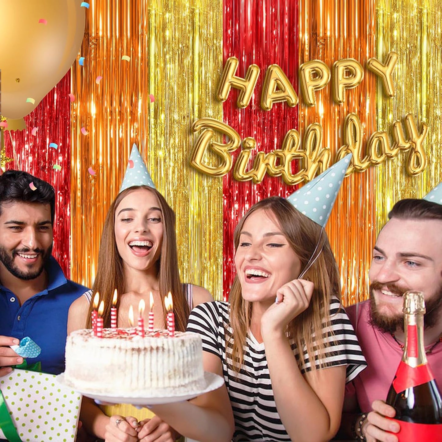 red orange gold Fringe Curtain Party Streamers 2Pack 3.3 x 8.3 Ft Foil Fringe Backdrop Curtains for Birthday Wedding Bridal Baby Shower Holiday Tinsel Streamers Rainbow Party Decorations Door Streamer