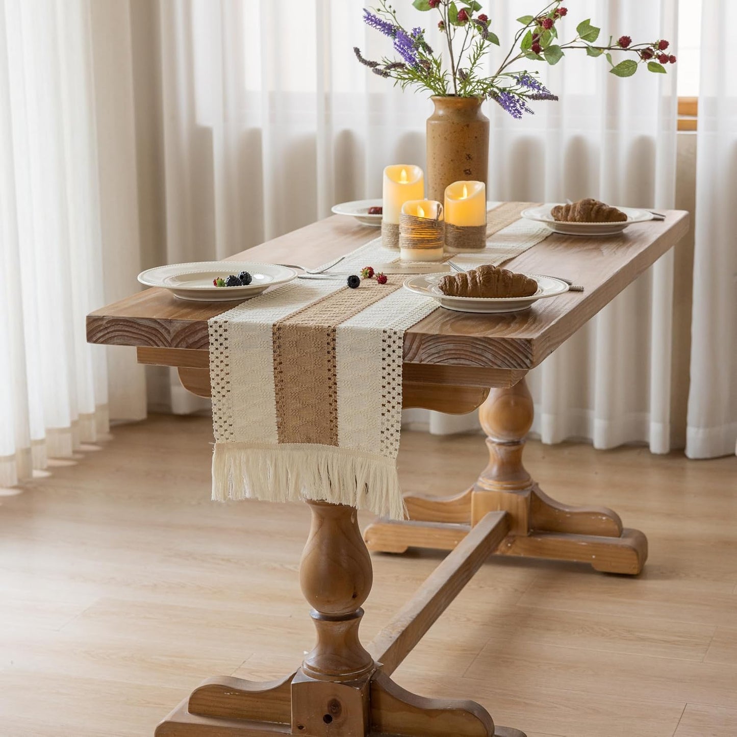 Keketo Boho Table Runner Cream Beige Brown for Home Decor 12x72 Inches Farmhouse Macrame Burlap Jute Rustic Dining Kitchen Centerpiece Bohemian Decor French Country Bridal Shower Decorations