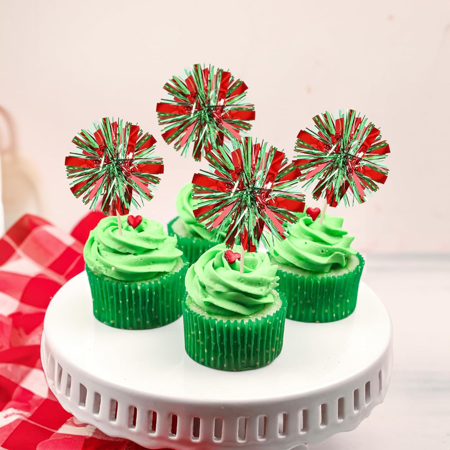 Ephlyn 30Pcs Foil Firework Cupcake Toppers Sparkle Tinsel Drink Birthday Cake Decorations Cocktail Food Fruit Toothpick for New Years Wedding Birthday Party Decorations Red Green