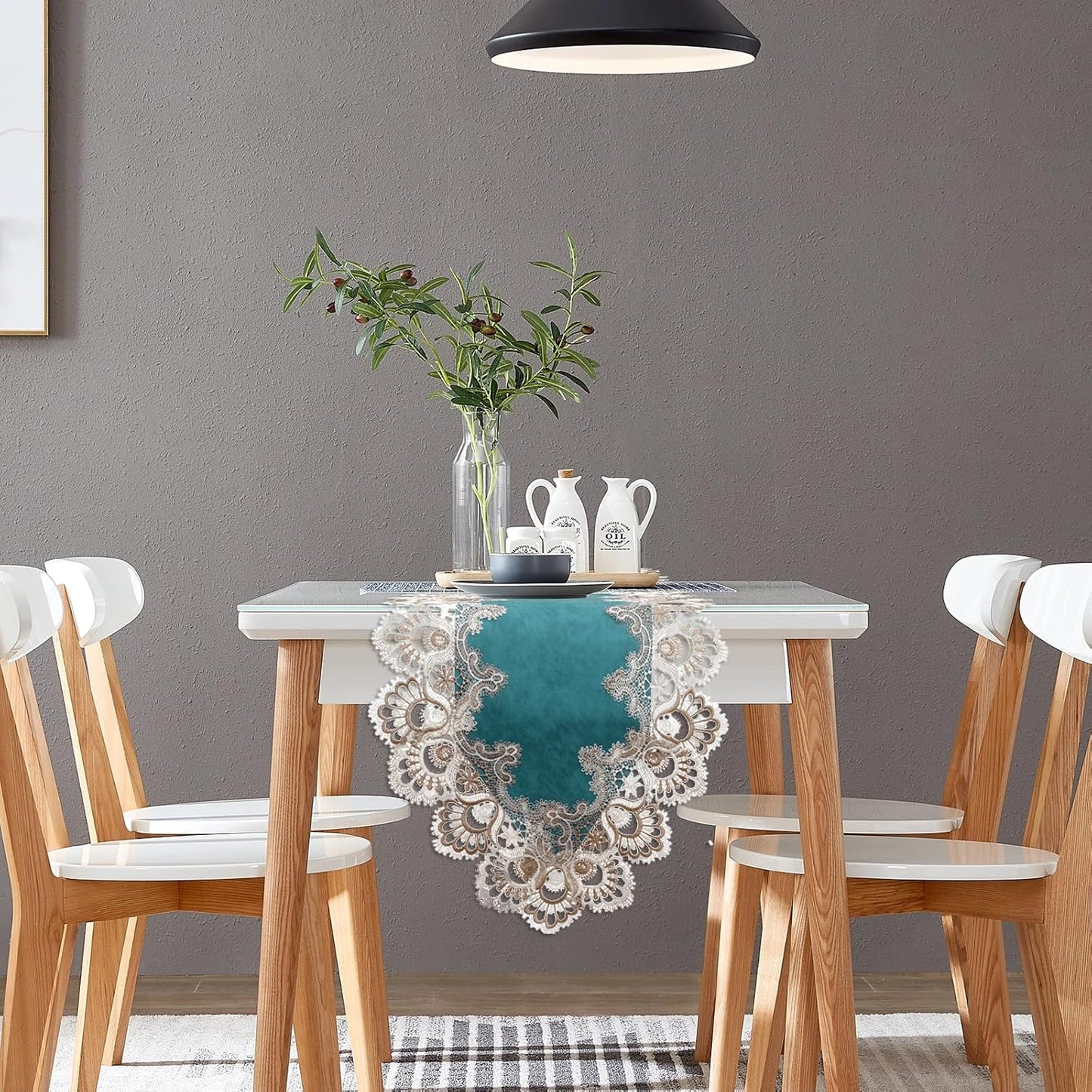 Vintage Lace Dining Table Runner, 120 Inches Floral Coffee Table Runners for Kitchen Home Christmas Party Decorations (16x120 inch, Cyan)