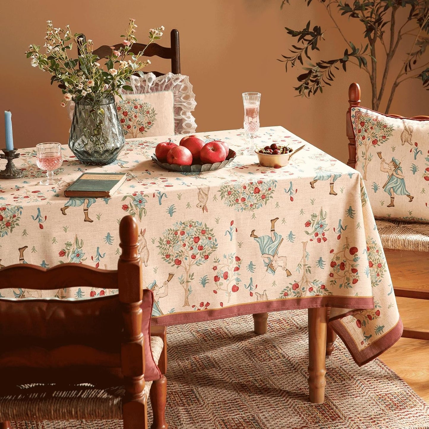 patdrea Designer Italian Beige Rectangle Tablecloth,Vintage Linen Trees Pattern Extra Long Table Cloth,Decor Table Cover for Kitchen Dining Christmas,Thanksgiving,Tea Party,67"x118"-Tatiana a