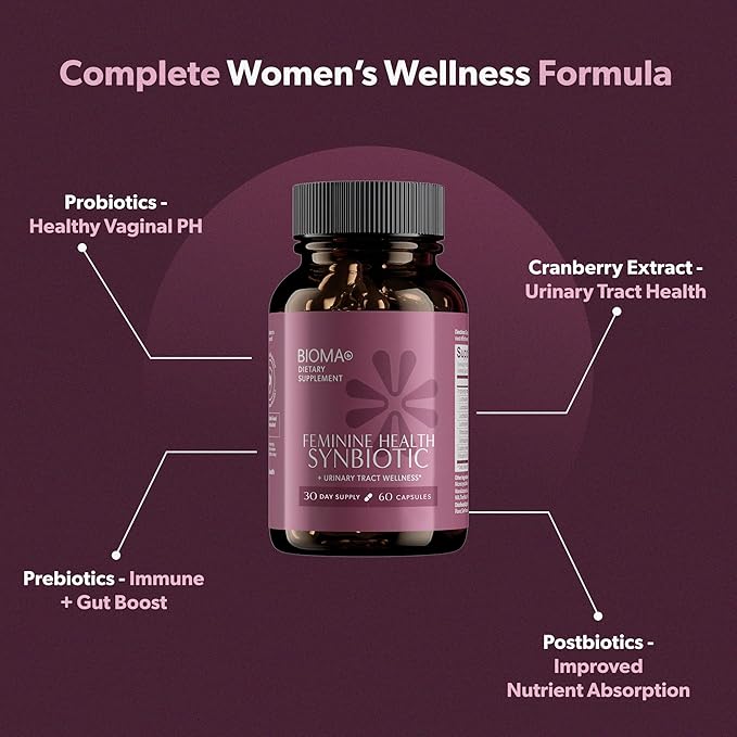 BIOMA Feminine Health Synbiotic - Women's Health Supplement for Healthy Vaginal pH, Urinary Tract & Digestive Support - with Probiotics, Cranberry & Tributyrin - 180 Capsules (3 Pack, 90-Day Supply)