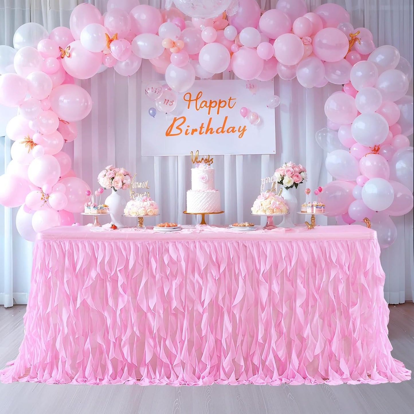 PARTISKY Pink Tulle Curly Willow Table Skirt for Rectangle Table 6ft, Ruffle Tutu Table Cloth for Girls Baby Shower,Birthday Party Candy Cake Tables