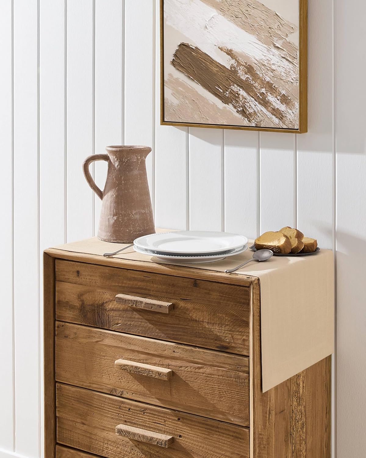 ZeeMart Linen Textured Border Table Runner, 14 x 36 Inch Oatmeal, Farmhouse Style Beige Table Runners 36 Inches Long, Easy Care Everyday Polyester Table Runner