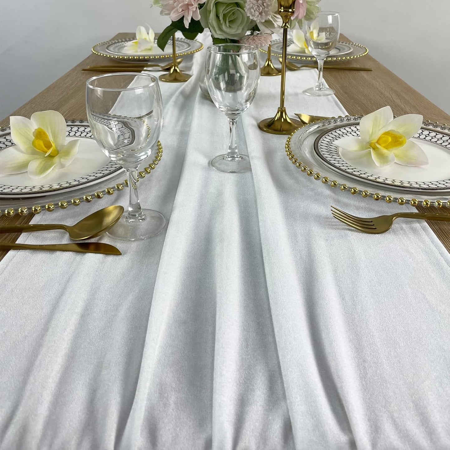 Luxurious Velvet Table Runner, 10ft Wedding Reception Decorations, 20x120inch Soft Velvet Fabric, Table Linen Overlay, Wedding Table Runners (White, 20X120inch)