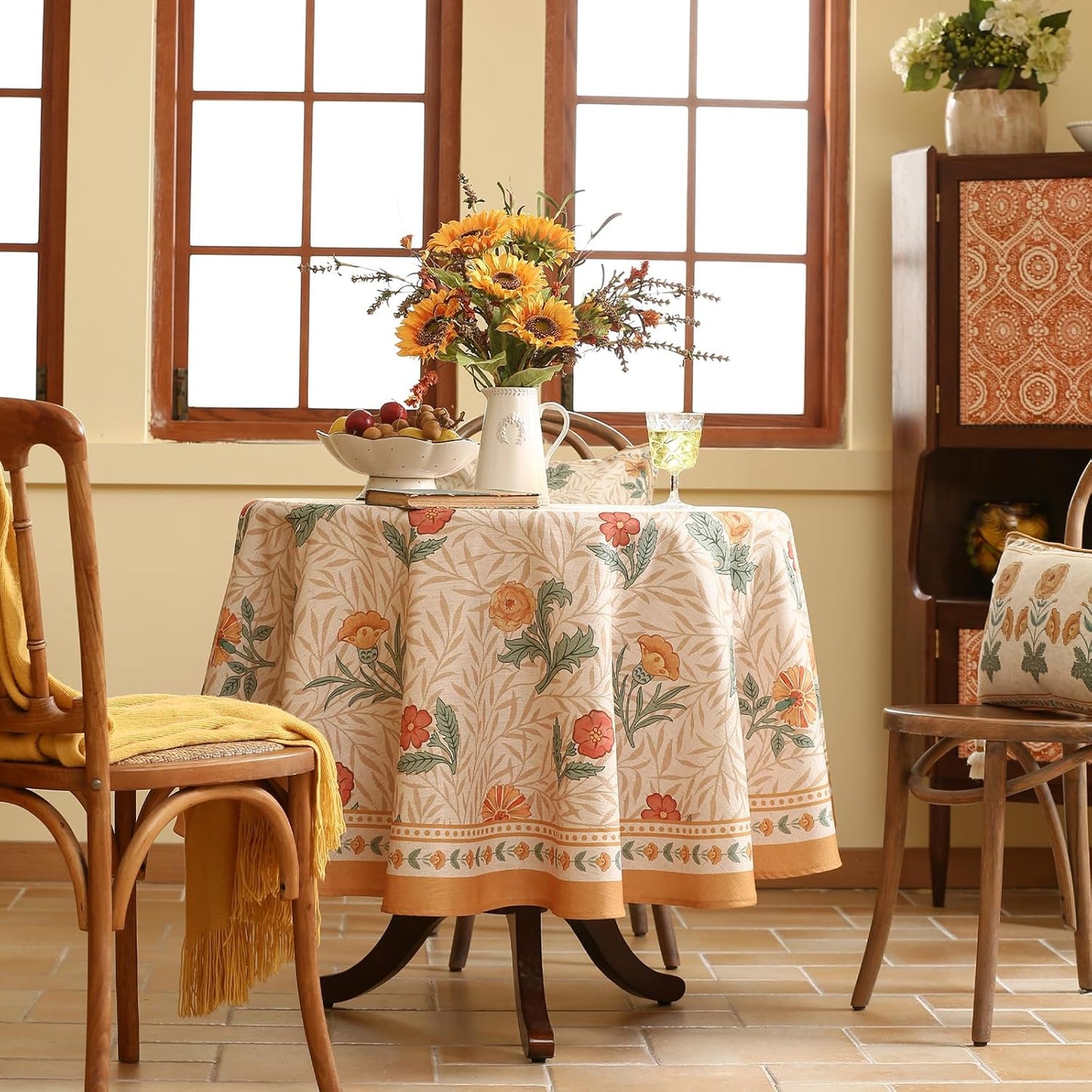 patdrea Designer French Linen Table Cloth for Round Table,Yellow Floral Pattern Durable Breathable Tablecloth,Fall Dacor for Kitchen Dining,Holiday Christmas,Thanksgiving,Diameter 67"-Cornflowers