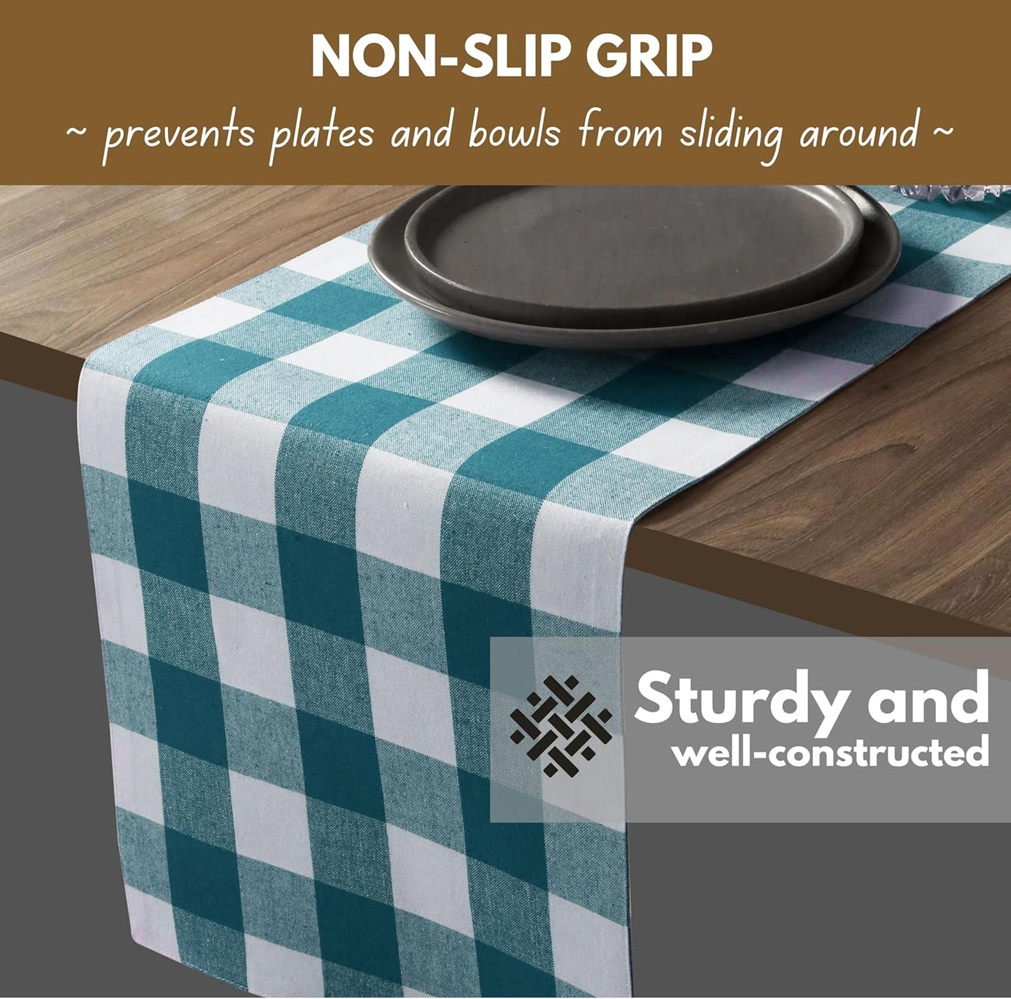 Native Fab Buffalo Checkered Plaid Table Runner, 100% Cotton, 13x108 Inches, Rustic Farmhouse Kitchen and Dining Décor, Ideal for Weddings, Birthdays, Holiday Gatherings, Teal Green