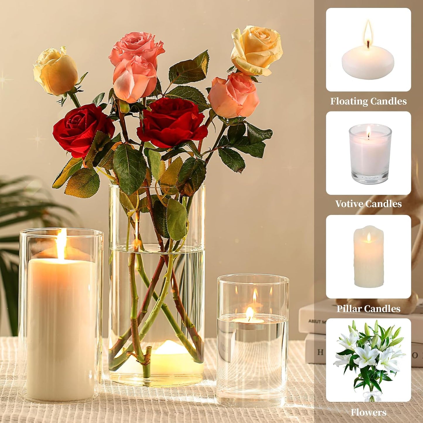 PHOSPHOR 9 PCS Glass Candle Holders for Pillar Candle Clear Glass Cylinder Centerpieces Vases Table Decoration Centerpiece Hurricane Candle Holder Glass