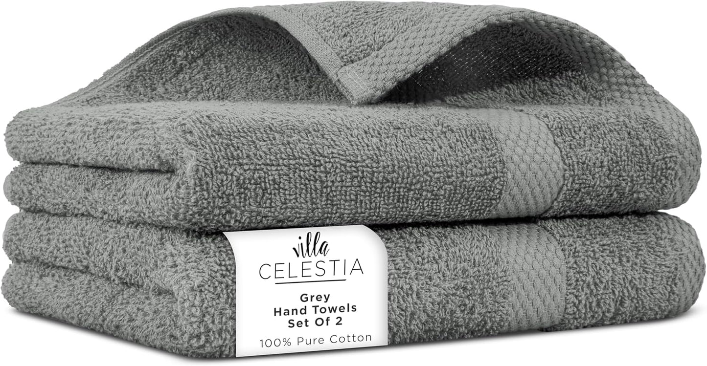 100% Cotton Hand Towel Set of 2, (16 x 28 inches) Sustainable, Soft, Highly Absorbent, Quick Drying, Combed Cotton Hand Towels Pack of 2 Ideal for Hotels, Spa, Bathroom, Dorm, Grey