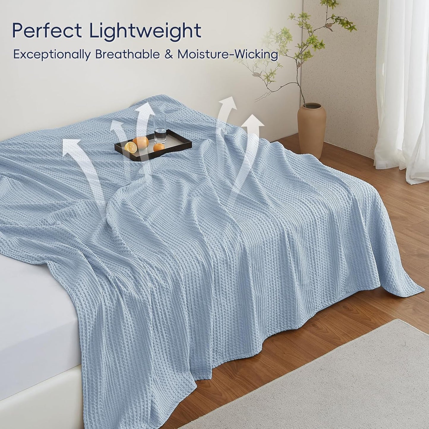 PHF Lightweight Waffle Weave Blanket Queen Size, Breathable & Ultra Soft, 90"x 90" Soft & Cozy Thin Blanket for All Season & Hot Sleepers, Bed, Home Decor - Sky Blue