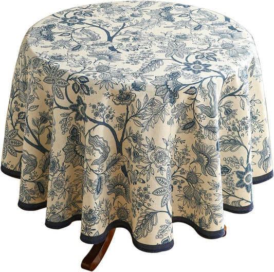 ISAENNE Designer French Linen Small Round Tablecloth,Blue Floral Washable Indoor Table Cloth,Durable Home Decor Tablecloths for Dining Thanksgiving Kitchen Party Christmas,Diameter 55"-Ruyi B