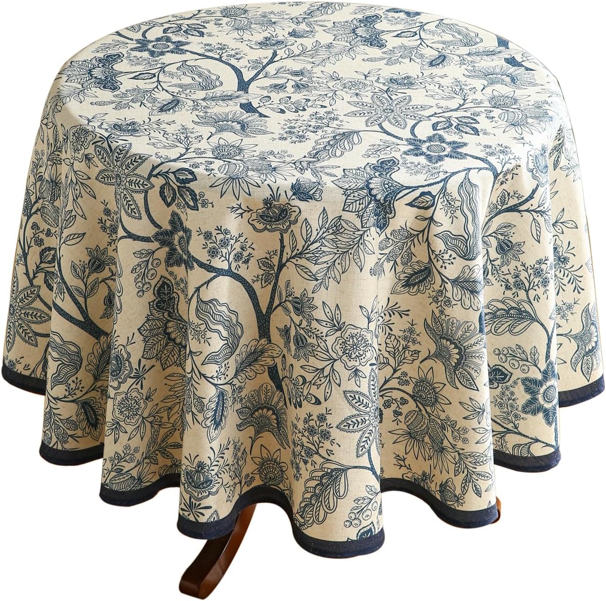 ISAENNE Designer French Linen Round Tablecloth,Blue Floral Washable Indoor Table Cloth,Durable Home Decor Tablecloths for Dining Thanksgiving Kitchen Party Christmas,Diameter 67"-Ruyi B