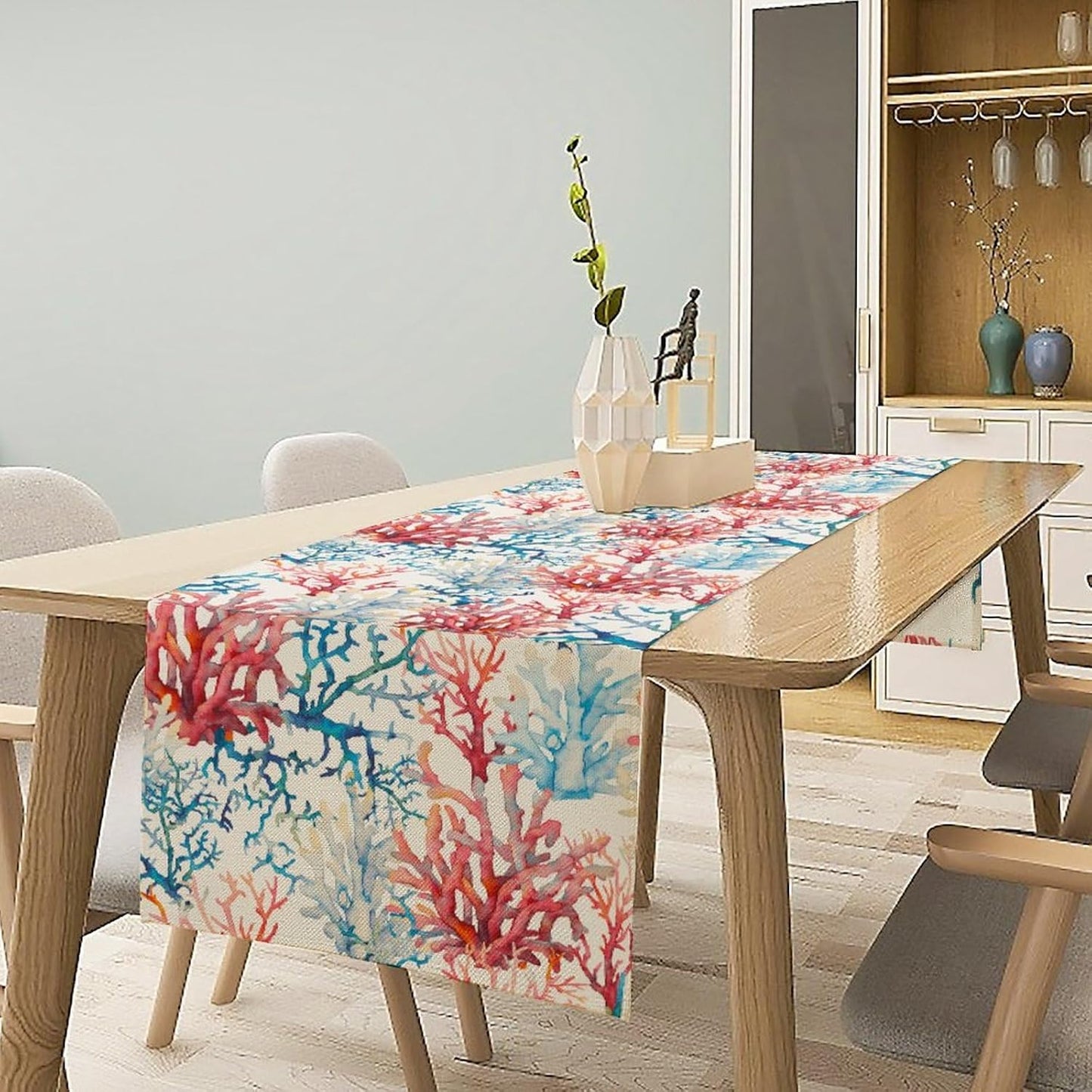 Blue Beach Table Runner, Tropical Ocean Coast Table Runner, Seashell Seasonal Nautical Restaurant Coffee Table Decorations for Home Holiday Party Indoor Outdoor 13x70 Inch