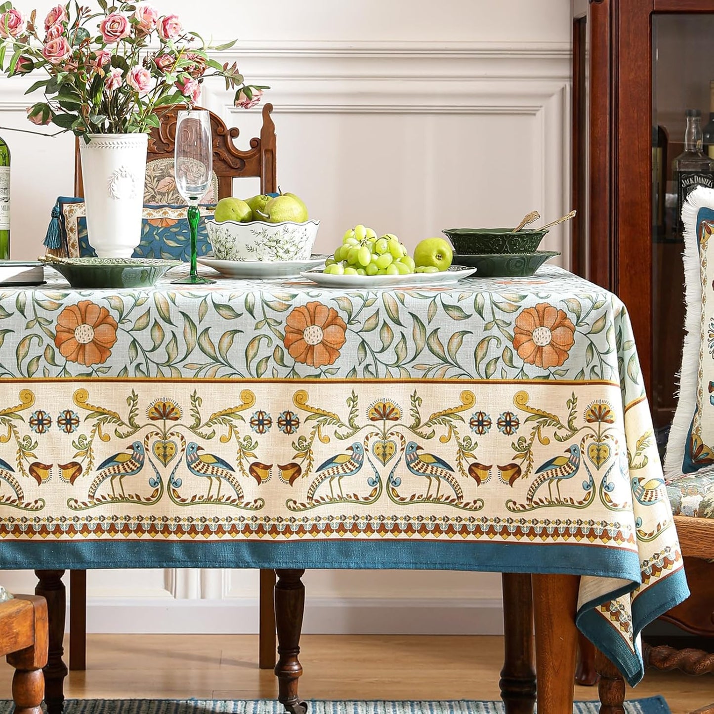 patdrea Designer French Linen Blue Tablecloth for Rectangle Table,Vintage Floral Table Cloth,Colorful Decoration Fall Cover Kitchen Dining for Thanksgiving,Tea Party,Christmas,55"x71"-Wensel