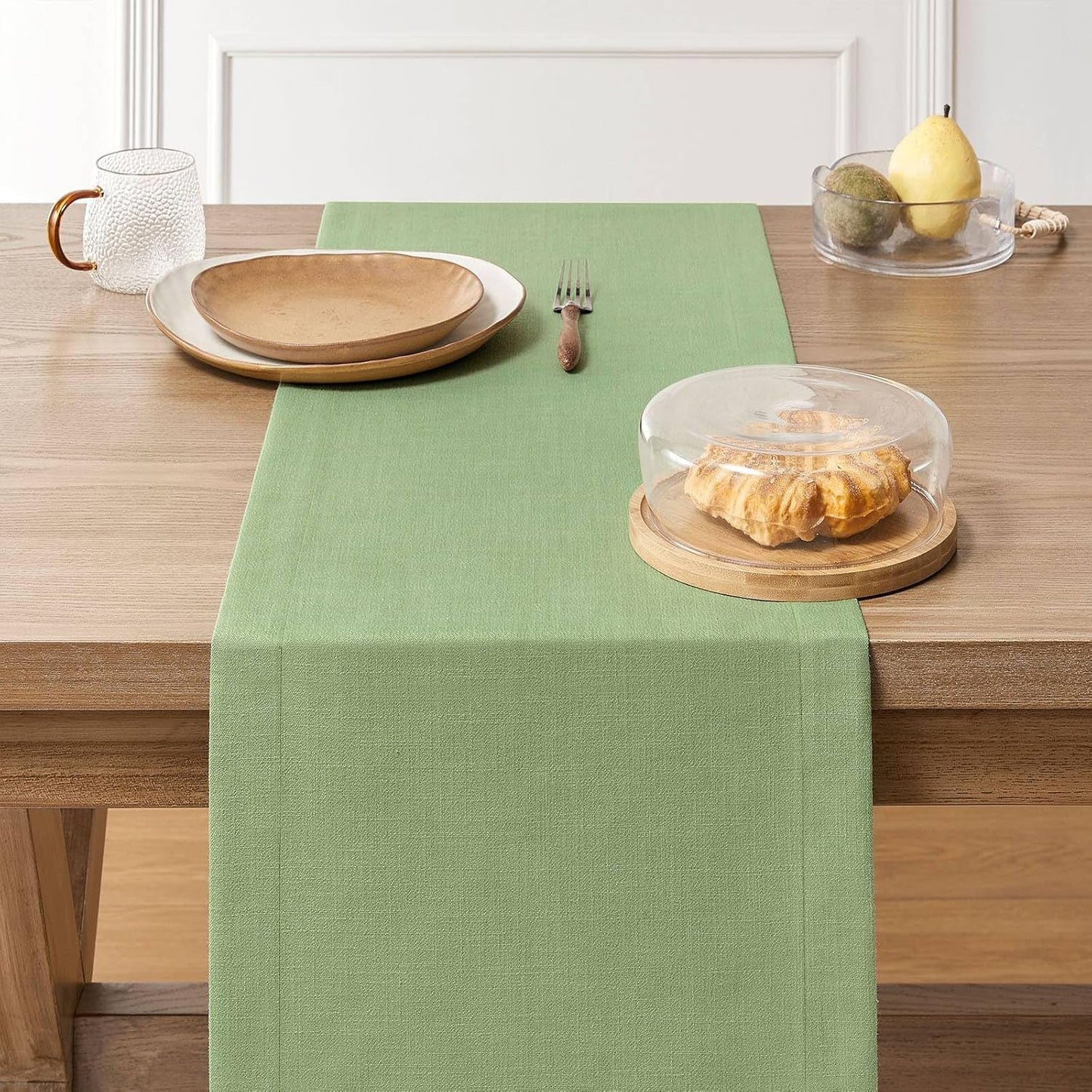 ZeeMart Linen Textured Border Table Runner, 14 x 90 Inch Green, Farmhouse Style Sage Green Table Runners 90 Inches Long, Easy Care Everyday Polyester Table Runner
