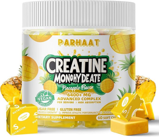 Creatine Monohydrate Chews Complex 6400mg for Men & Women -Advanced Formula W/L-Taurine + Vitamin B12, Sugar Free Chewable Supplement,60 Pineapple Softchews