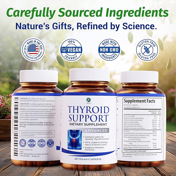 1 Body Thyroid Support Supplement with Iodine, B12, Zinc, Selenium, Ashwagandha, Non-GMO, Vegetarian, 30 Day Supply