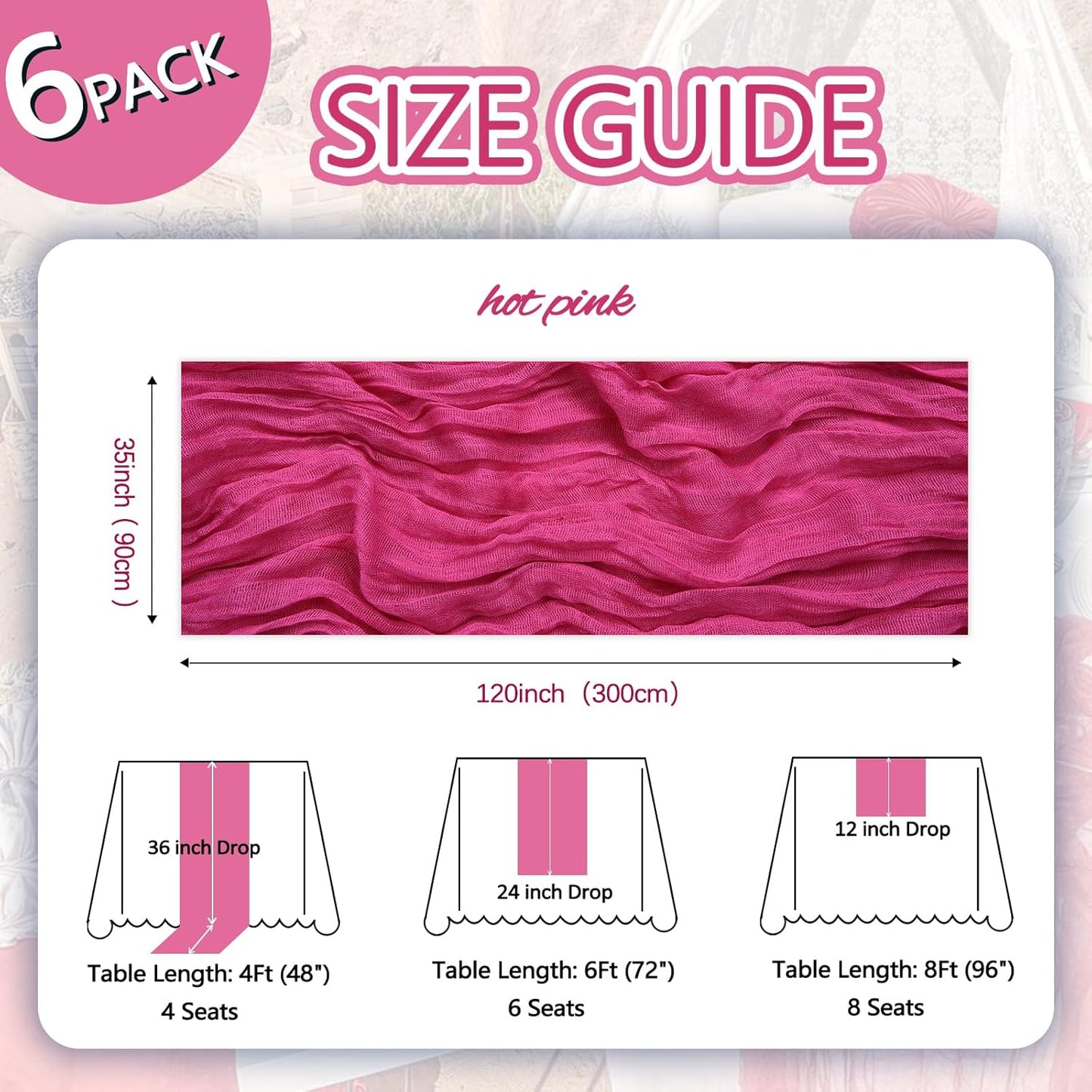 6 Pack Hot Pink Cheesecloth Table Runner 10ft Boho Gauze Fabric Cheese Cloth Table Runner 35 x 120 Inch Rustic Sheer Runner for Romantic Wedding Decor Baby Shower Party Table Centerpiece Decoration