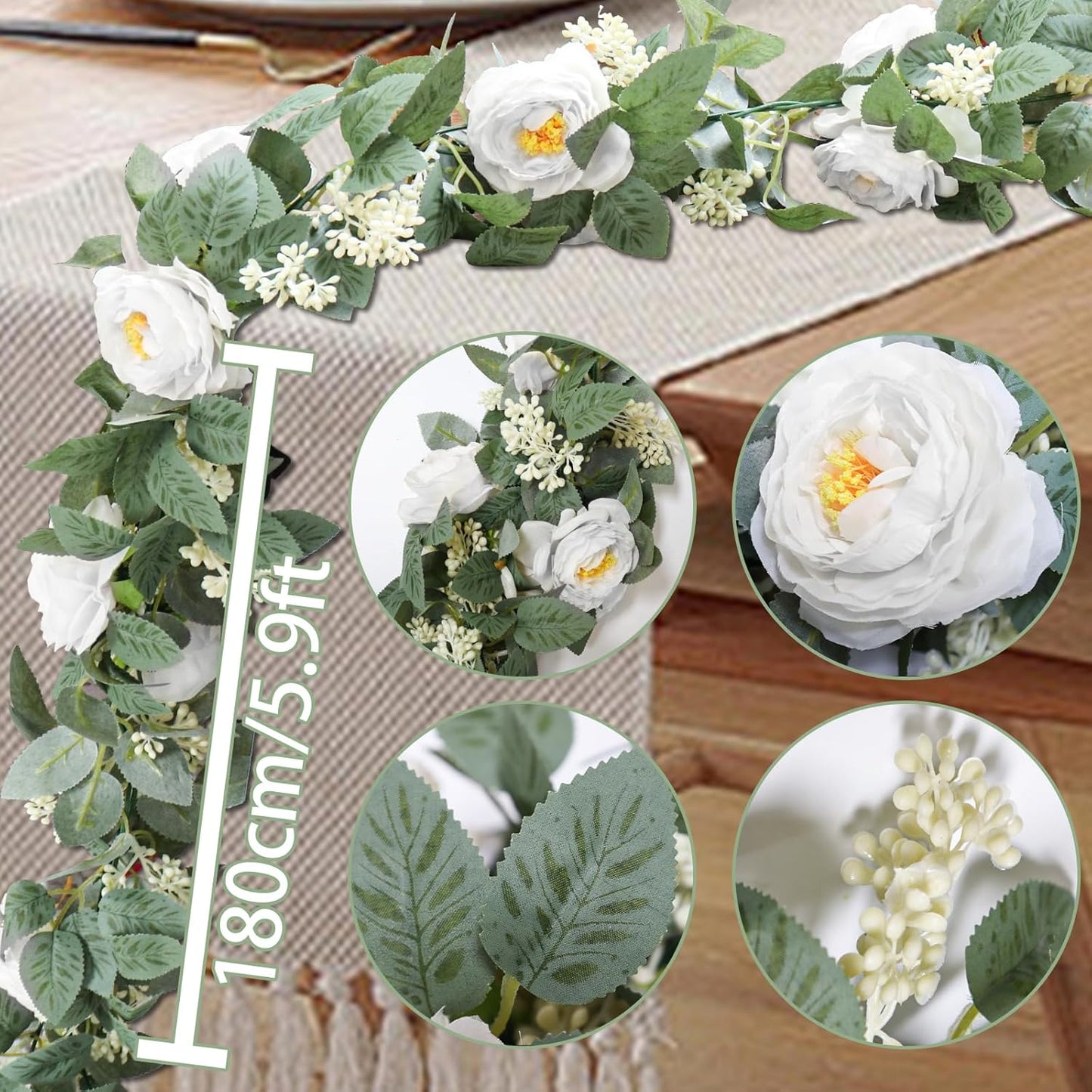 Uguisu 2 Pieces Artificial Eucalyptus Garland, 5.9 Feet Artificial Greenery, Spring Garland - for Wedding Decor, Parties, fireplaces, Tables, Indoor and Outdoor Decor. White